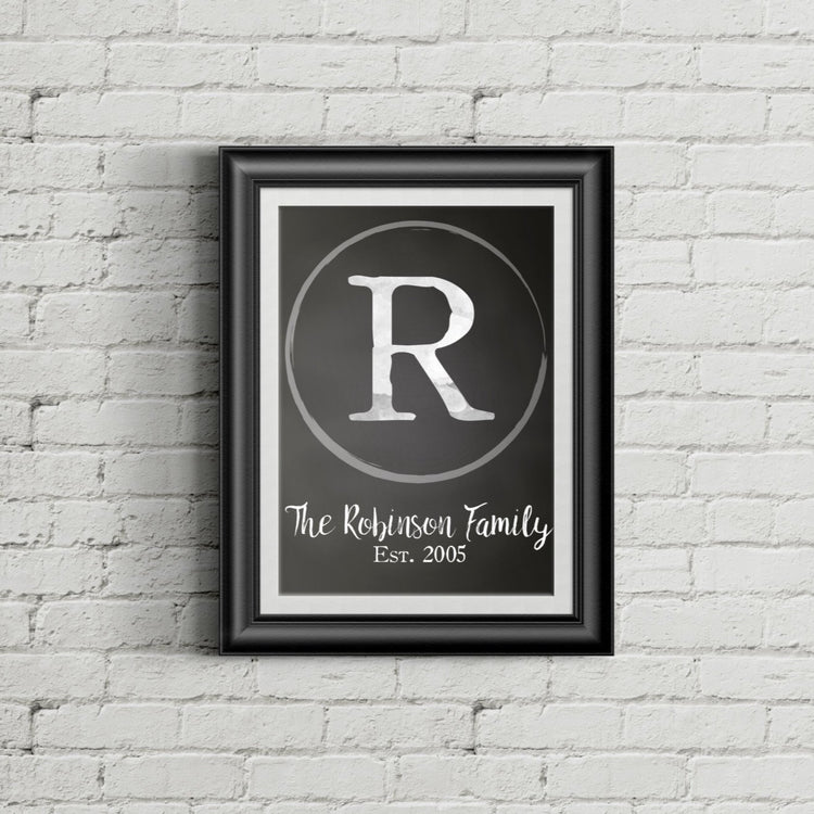 Customizable Chalkboard Initial Monogram with Family Name and Established Date Wall Art