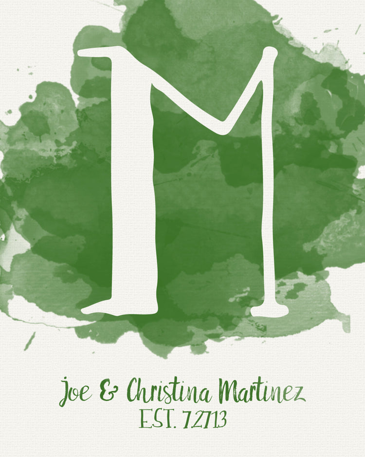Customizable Watercolor Initial Monogram with Family Name and Established Date Wall Art